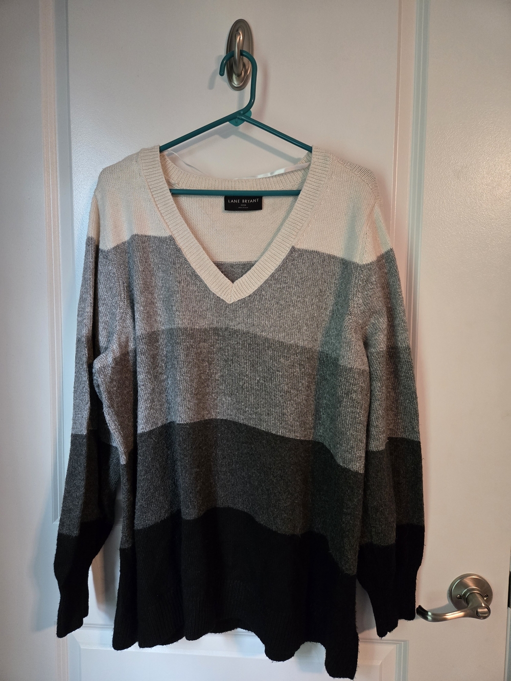 Lane Bryant Black, Gray & Cream Striped V-Neck Sweater